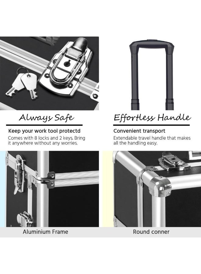 حقيبة مكياج احترافية بعجلات 3 في 1، مساحة تخزين كبيرة لفناني المكياج ومصففي الشعر وفنيي الأظافر (أسود فضي، AIGE-001-3 طبقات) - Image 5