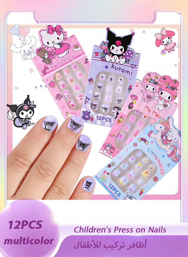 12pcs Kuromi Press On Nails for Kids, Cute Cartoon False Nail Tips with Manicure Tool, Removable DIY Nail Patch Set for Girls - Image 1
