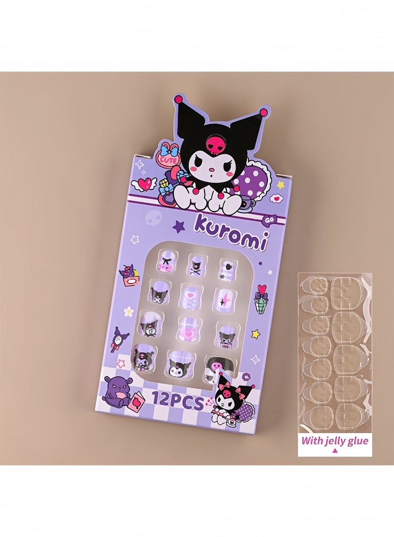 12pcs Kuromi Press On Nails for Kids, Cute Cartoon False Nail Tips with Manicure Tool, Removable DIY Nail Patch Set for Girls - Image 4