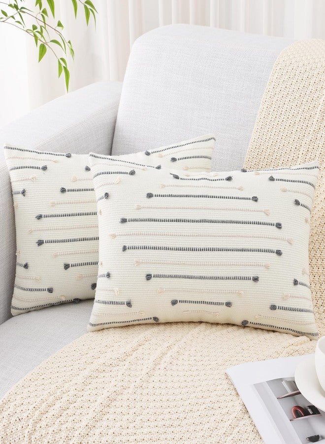Mecatny Boho Outdoor Throw Pillow Covers 12X20 Set of 2, Farmhouse Lumbar Pillow Covers for Couch Sofa Living Room, Beige & Grey - Image 1