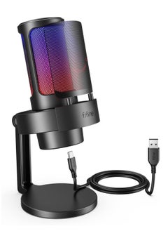 FIFINE Fifine Streaming Gaming USB PC Microphone, RGB Computer Desktop Mic for Recording, Condenser Cardioid Black Mic with Tap-to-Mute, Gain Knob, Monitoring Jack, Light Control for Gamer Youtuber-A8  - Image 1