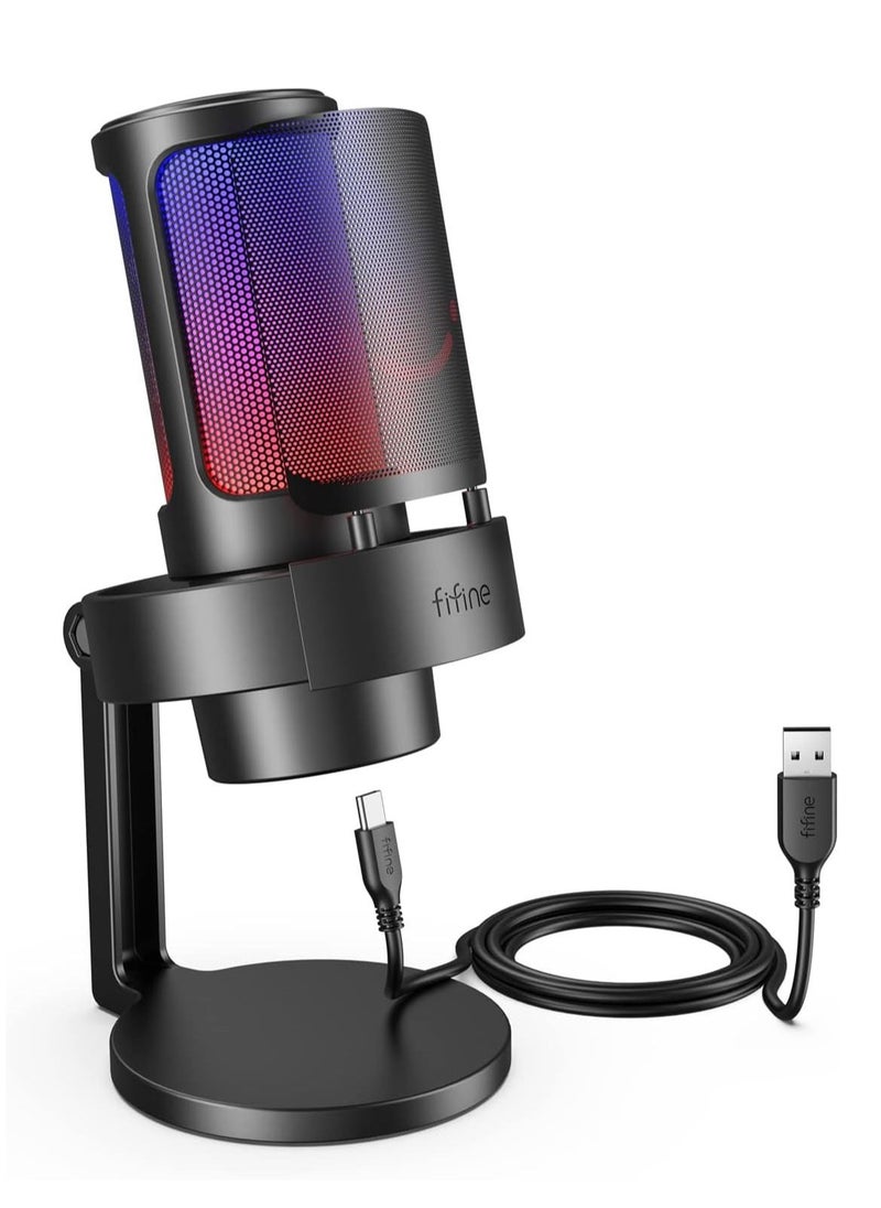 FIFINE - Fifine Streaming Gaming USB PC Microphone, RGB Computer Desktop Mic for Recording, Condenser Cardioid Black Mic with Tap-to-Mute, Gain Knob, Monitoring Jack, Light Control for Gamer Youtuber-A8 - Image 1
