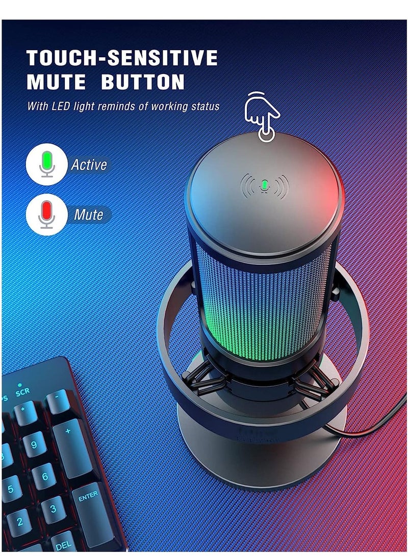 FIFINE - Fifine Streaming Gaming USB PC Microphone, RGB Computer Desktop Mic for Recording, Condenser Cardioid Black Mic with Tap-to-Mute, Gain Knob, Monitoring Jack, Light Control for Gamer Youtuber-A8 - Image 1