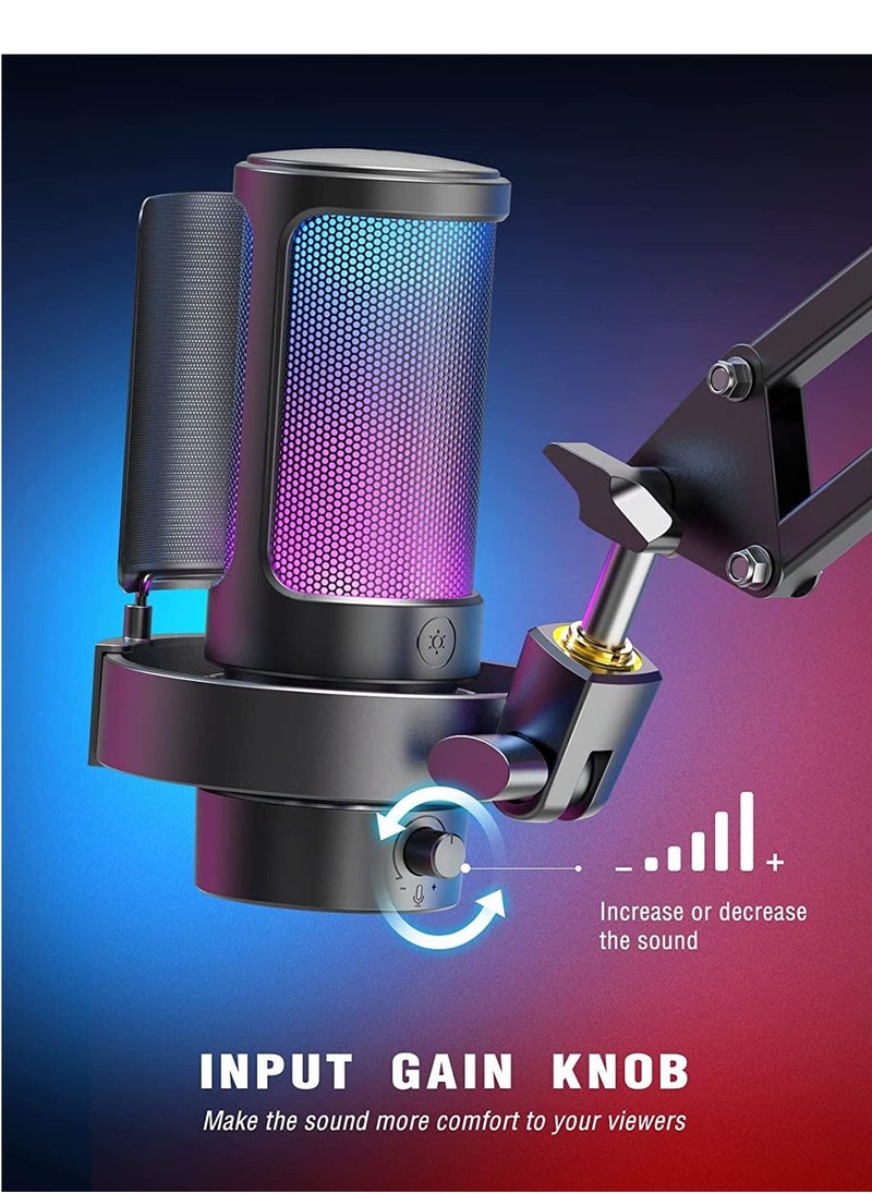 FIFINE - Fifine Streaming Gaming USB PC Microphone, RGB Computer Desktop Mic for Recording, Condenser Cardioid Black Mic with Tap-to-Mute, Gain Knob, Monitoring Jack, Light Control for Gamer Youtuber-A8 - Image 1