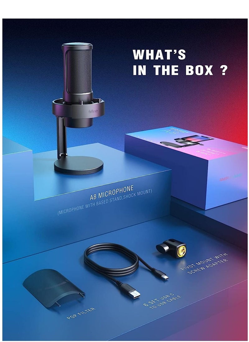 FIFINE - Fifine Streaming Gaming USB PC Microphone, RGB Computer Desktop Mic for Recording, Condenser Cardioid Black Mic with Tap-to-Mute, Gain Knob, Monitoring Jack, Light Control for Gamer Youtuber-A8 - Image 1