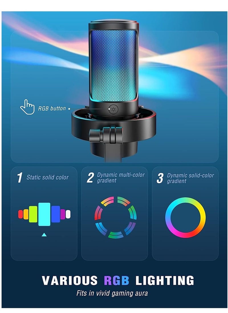 FIFINE - Fifine Streaming Gaming USB PC Microphone, RGB Computer Desktop Mic for Recording, Condenser Cardioid Black Mic with Tap-to-Mute, Gain Knob, Monitoring Jack, Light Control for Gamer Youtuber-A8 - Image 1