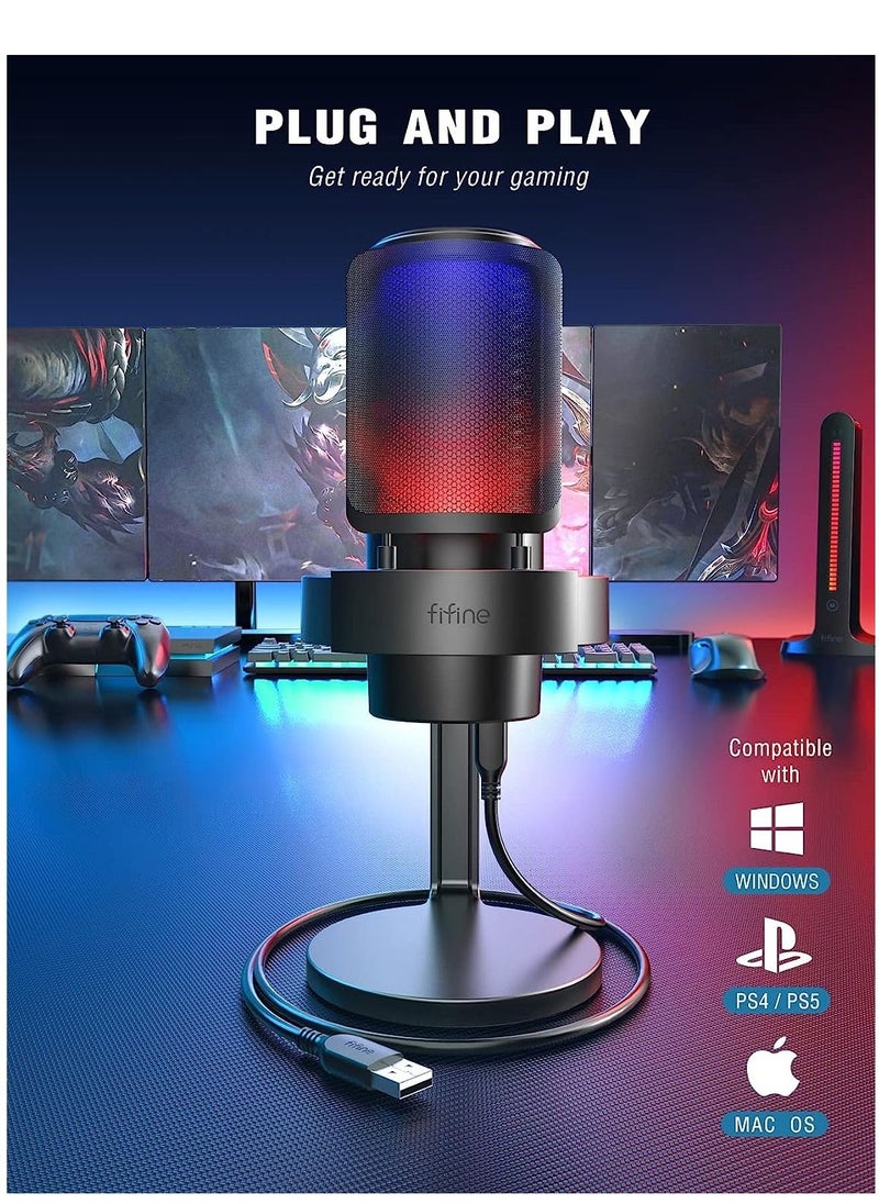 FIFINE - Fifine Streaming Gaming USB PC Microphone, RGB Computer Desktop Mic for Recording, Condenser Cardioid Black Mic with Tap-to-Mute, Gain Knob, Monitoring Jack, Light Control for Gamer Youtuber-A8 - Image 1