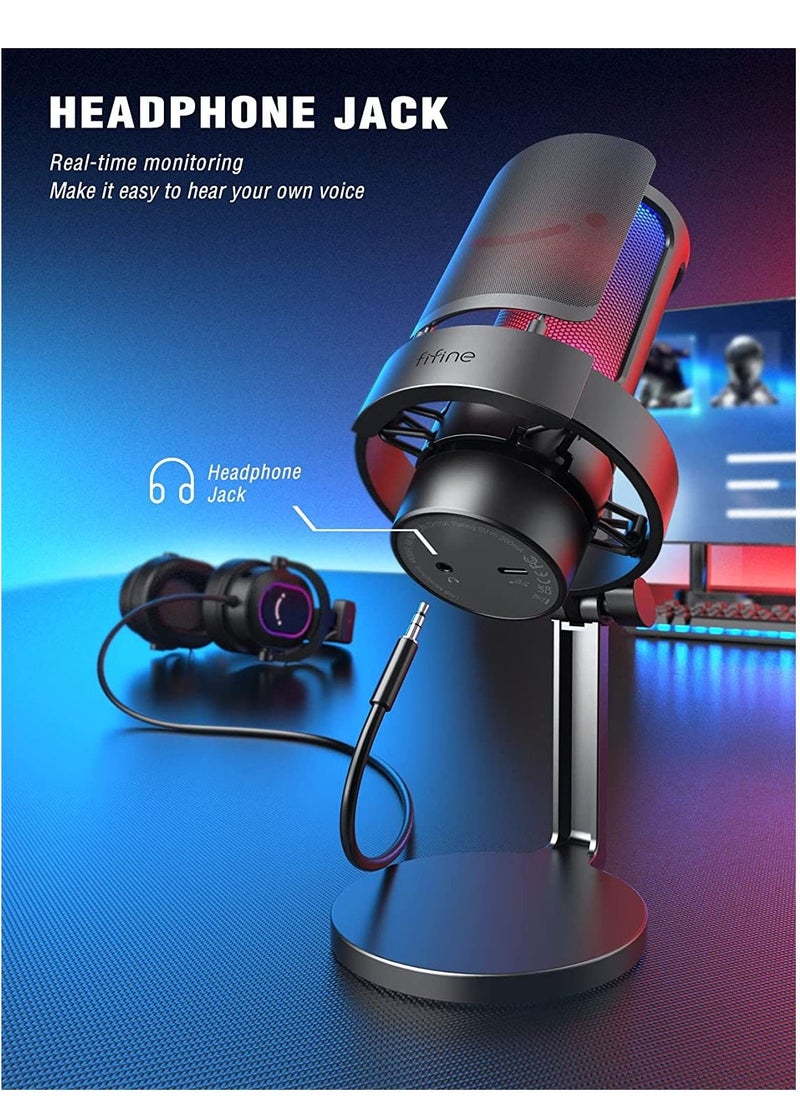 FIFINE - Fifine Streaming Gaming USB PC Microphone, RGB Computer Desktop Mic for Recording, Condenser Cardioid Black Mic with Tap-to-Mute, Gain Knob, Monitoring Jack, Light Control for Gamer Youtuber-A8 - Image 1