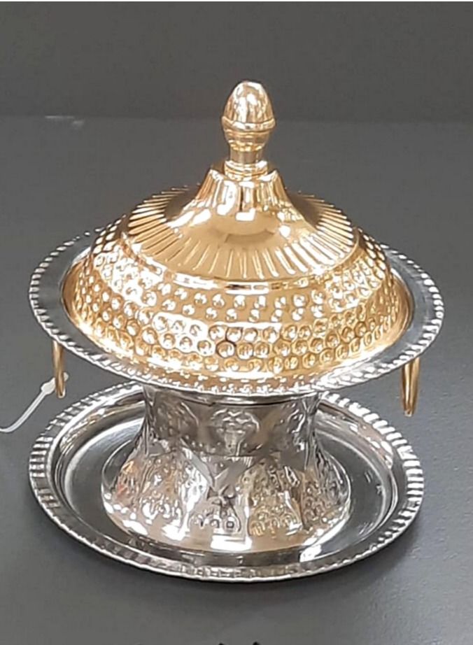 بن شيهون أبوعمر سلطانية تمر فضية من الاستانلس ستيل المقاوم للصدأ مع غطاء ذهبي وصينية 16 سم