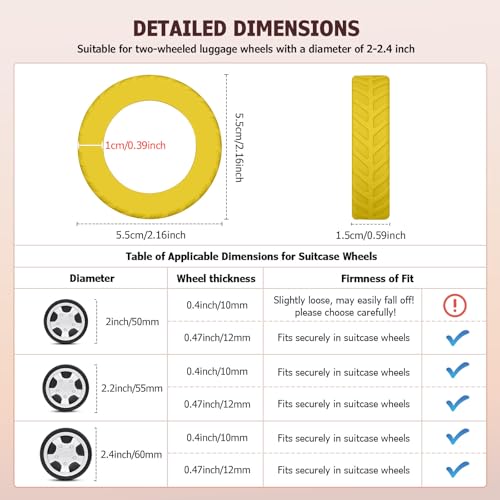 XYOFUN Luggage Wheel Covers - Upgraded 8-Pack Anti Dust & Scratch Noise Reduction Carry On/Travel Suitcase Wheel Protector - For 2-2.4" wheels - Yellow - Image 4