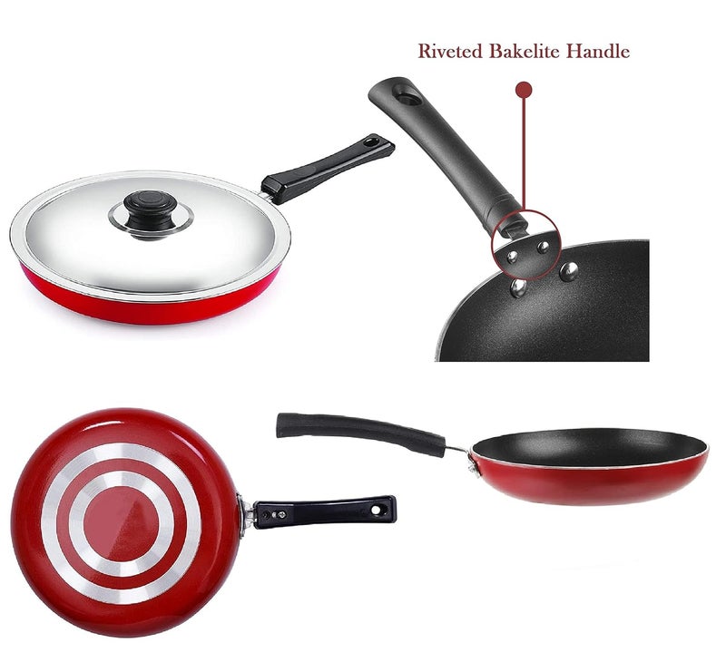 RBGIIT Aluminium Kitchen Cooking Non Stick Fry pan with Bakalite Handle Red NonStick Fry Pan 23 Diameter Ligh Weight Durable Fry Pan with Steel LID - Image 5