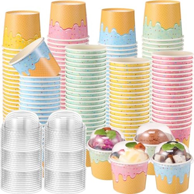Jingmore 100 Count Paper Ice Cream Cups with Clear Dome Lids Disposable Dessert Cups Bulk Dessert Bowls Sundae Containers for Snack Yogurt Soup Birthday Ice Cream Party Supplies (6 oz)