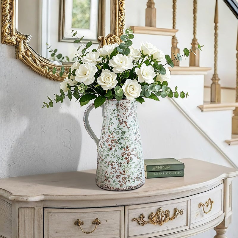 Enra Classic design alternatives Enra Pitcher vase with Handle,12.2 in Ceramic Vintage Chinoiserie Floral Vase,Green and Beige Decorative Flower vase,Large Rustic Vases for Home Decors, Living Room, Bookshelf, Office General standard compliant quality - Image 5