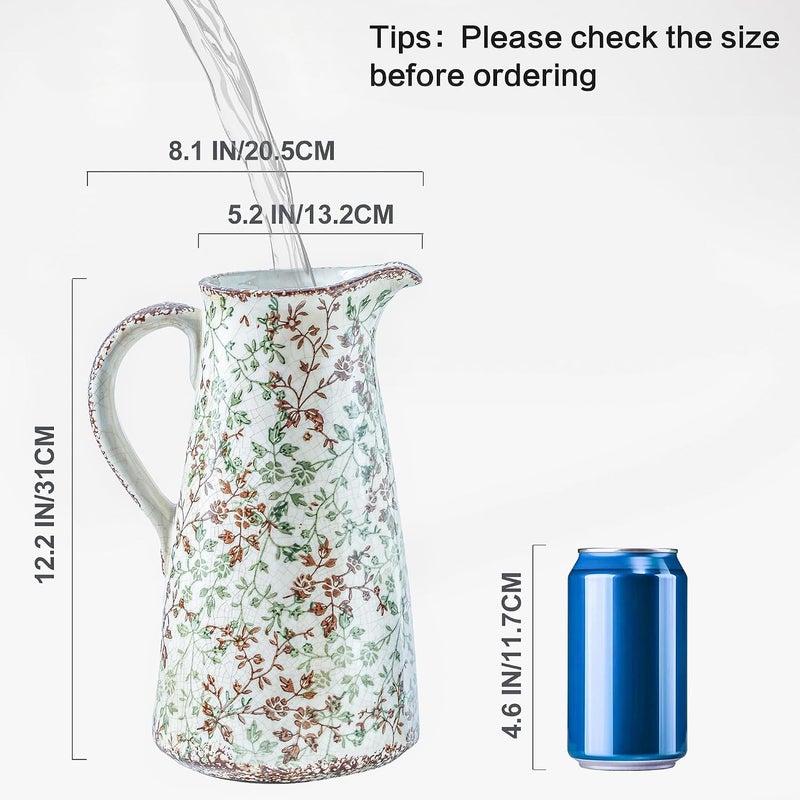 Enra Classic design alternatives Enra Pitcher vase with Handle,12.2 in Ceramic Vintage Chinoiserie Floral Vase,Green and Beige Decorative Flower vase,Large Rustic Vases for Home Decors, Living Room, Bookshelf, Office General standard compliant quality - Image 2