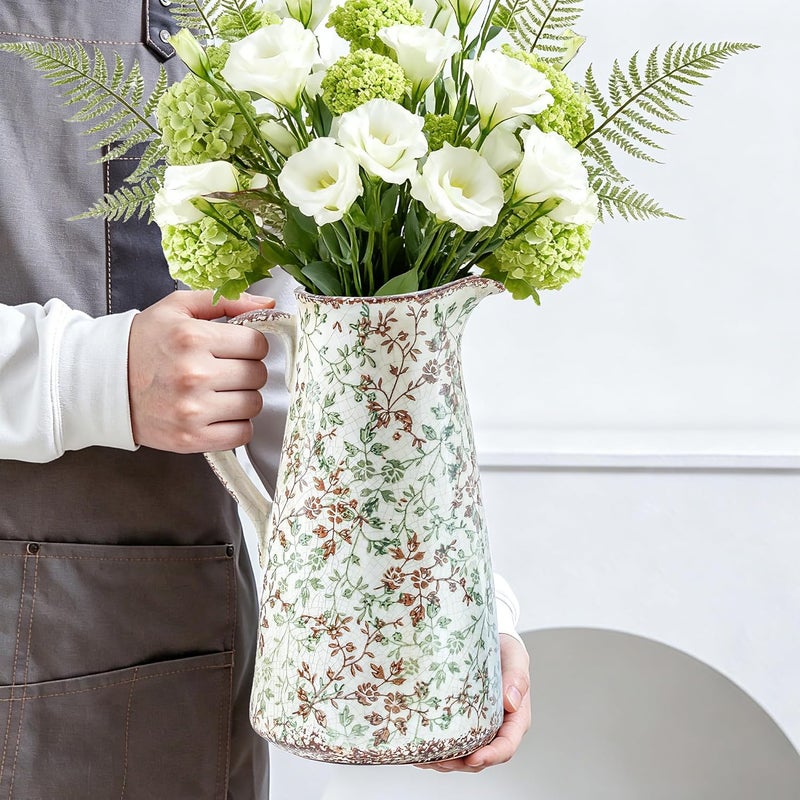 Enra Classic design alternatives Enra Pitcher vase with Handle,12.2 in Ceramic Vintage Chinoiserie Floral Vase,Green and Beige Decorative Flower vase,Large Rustic Vases for Home Decors, Living Room, Bookshelf, Office General standard compliant quality - Image 4