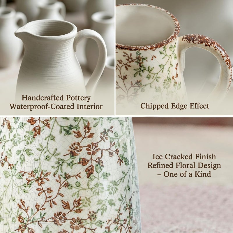 Enra Classic design alternatives Enra Pitcher vase with Handle,12.2 in Ceramic Vintage Chinoiserie Floral Vase,Green and Beige Decorative Flower vase,Large Rustic Vases for Home Decors, Living Room, Bookshelf, Office General standard compliant quality - Image 3