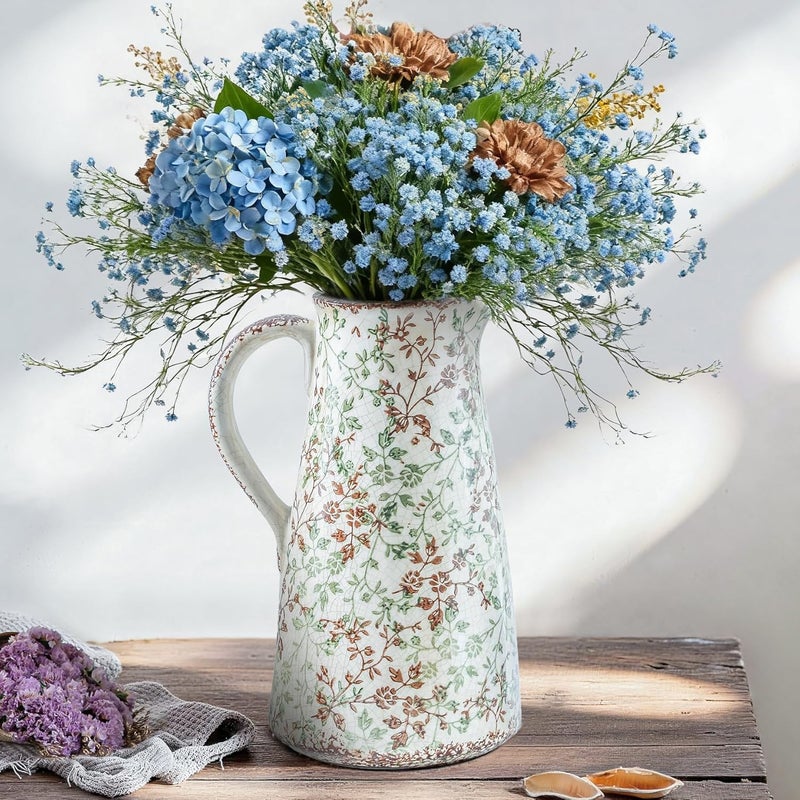 Enra Classic design alternatives Enra Pitcher vase with Handle,12.2 in Ceramic Vintage Chinoiserie Floral Vase,Green and Beige Decorative Flower vase,Large Rustic Vases for Home Decors, Living Room, Bookshelf, Office General standard compliant quality - Image 1