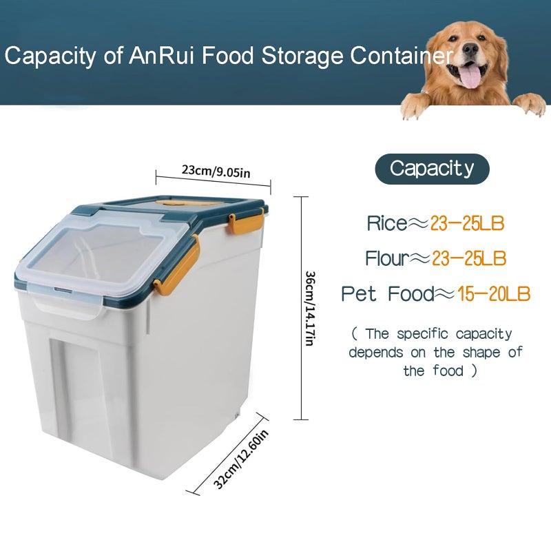 AnRui Airtight Flour Storage Container 25lb, Plastic Grain Storage Bucket, Rice Cereal Dispenser Organizer Box with Lid, Cat Dog Food Storage Bin with Measuring Cup, Scoop, Wheels, 2Pcs Blue - Image 2