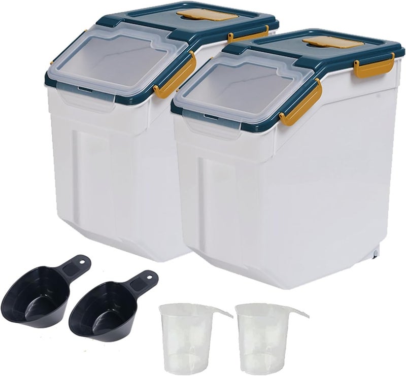 AnRui Airtight Flour Storage Container 25lb, Plastic Grain Storage Bucket, Rice Cereal Dispenser Organizer Box with Lid, Cat Dog Food Storage Bin with Measuring Cup, Scoop, Wheels, 2Pcs Blue - Image 1