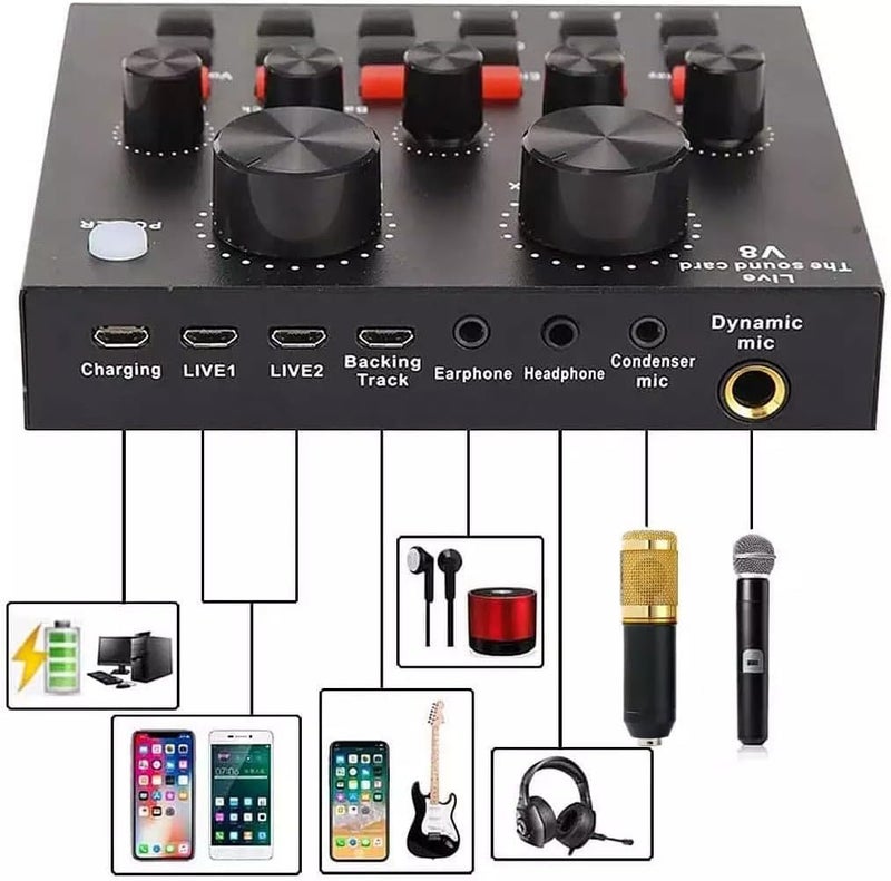 BM-800 Microphone with V8 Sound Card, Adjustable Arm Stand, Audio Filter, Anti-Vibration Stand, for Recording, Podcasting, Live Streaming, YouTube, TikTok - Image 1