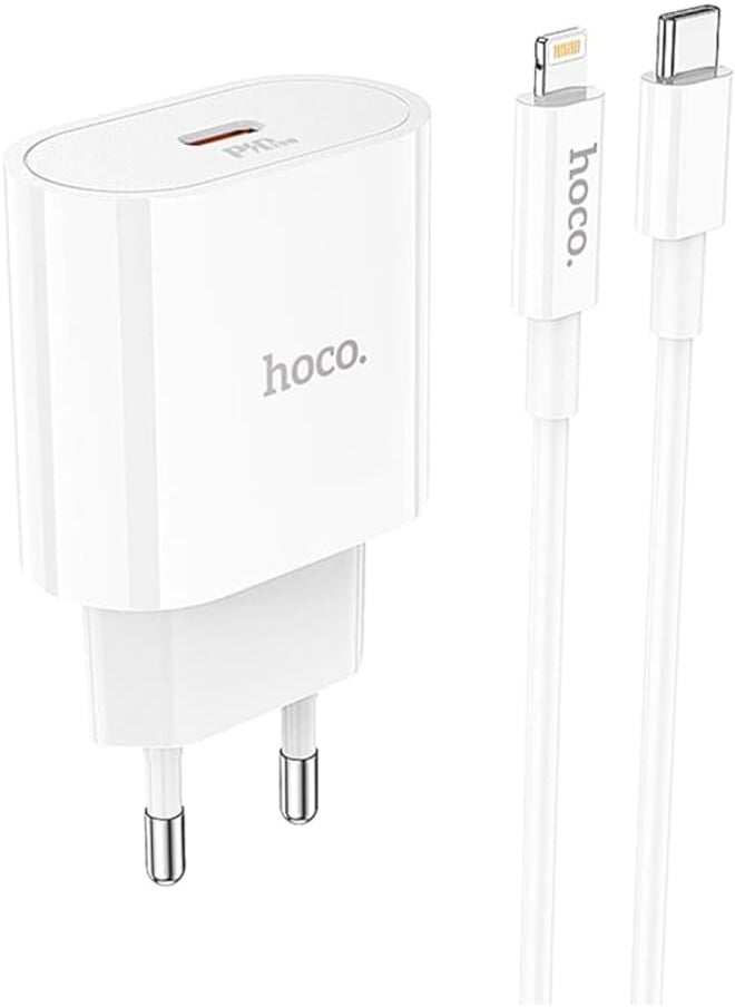 Hoco - Hoco C94A - Metro Single Port Fast Charger (3A- PD20W), Set With Type-C To Lightning Cable, Support PD, PPS, QC3.0, FCP, AFC Fast Charging Protoclols, Compatible with iPhone Samsung Xiaomi Oppo-White - Image 1