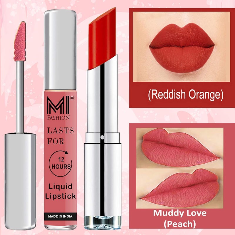 MI Fashion Made in India Lipstick Combo Offers 100 Veg Long Lasting Peach Liquid Matte Lipstick Reddish Orange Creamy Matte Lipstick - Image 3