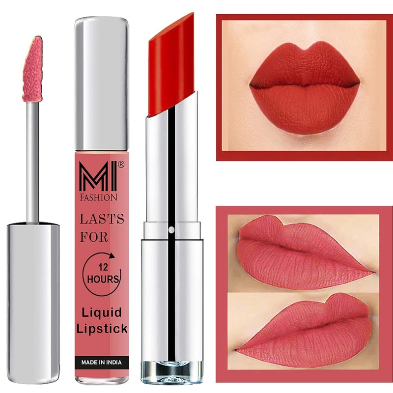 MI Fashion Made in India Lipstick Combo Offers 100 Veg Long Lasting Peach Liquid Matte Lipstick Reddish Orange Creamy Matte Lipstick - Image 1