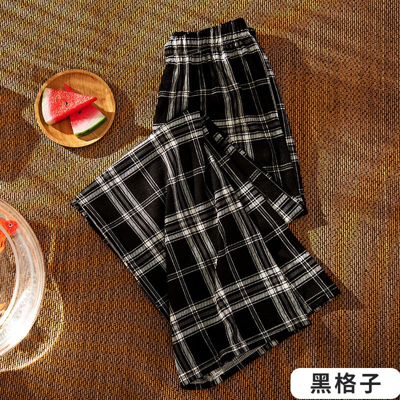 High Waist Summer Plaid Wide Leg Pants Black Plaid  - Image 1