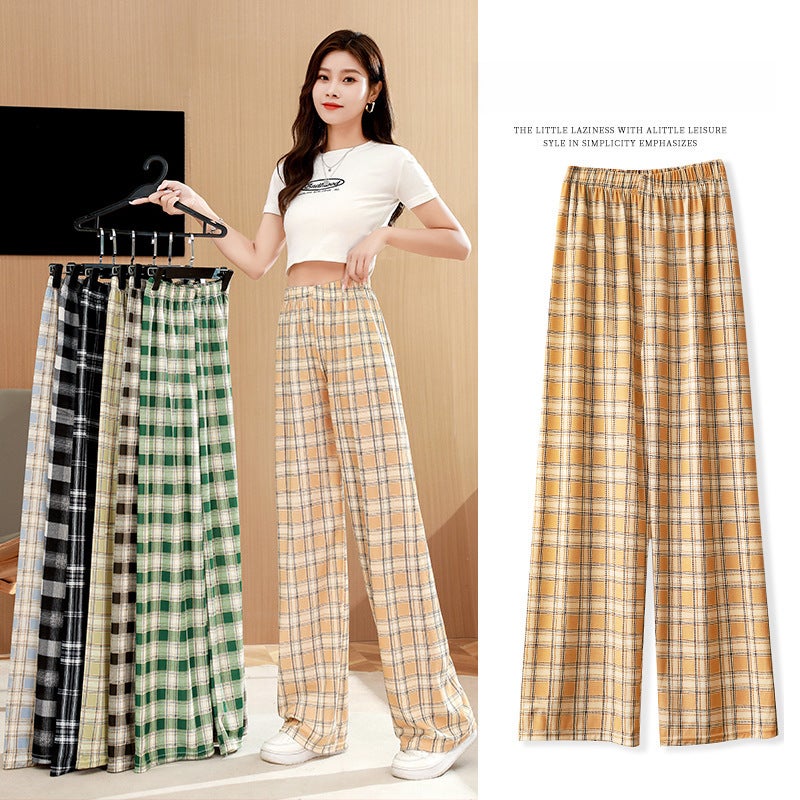 High Waist Summer Plaid Wide Leg Pants Black Plaid  - Image 5