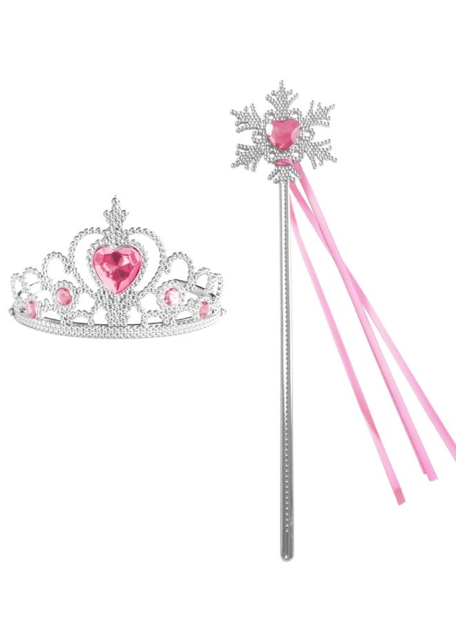 Princess Dress-Up Set with Crown and Accessories, Children's Heart Diamond Tiara, Magic Wand, Role-Play Party Set, Gift Set, Pink Ribbons - A38 