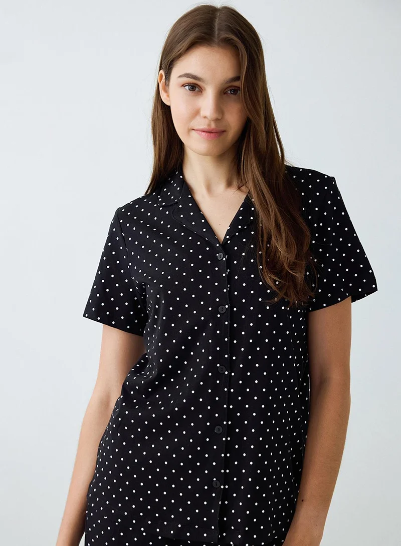 Penti Black Polka Dot Shirt Collar Short Sleeve Pyjama Set