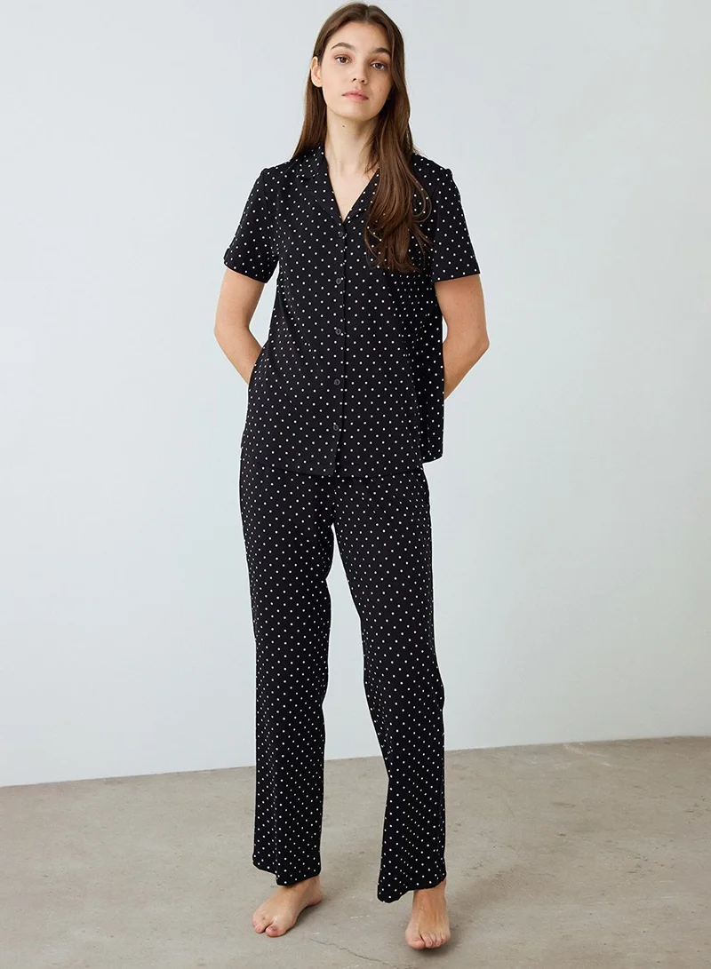 Penti Black Polka Dot Shirt Collar Short Sleeve Pyjama Set