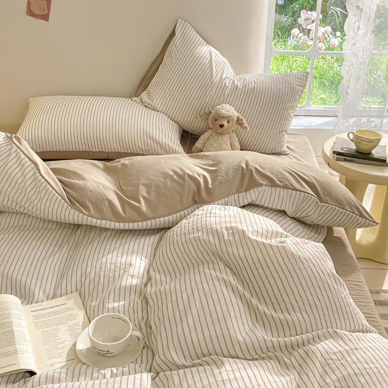 Modern Minimalist Coffee Brown Striped 4pcs Bedding (1 Duvet Cover + 1 Flat Sheet + 2 Pillowcases) - Washed Process, High Weight 120g, Soft and Skin-Friendly, Machine Washable, All-Season Use (Excludes Comforter and Pillow Inserts) - Image 2