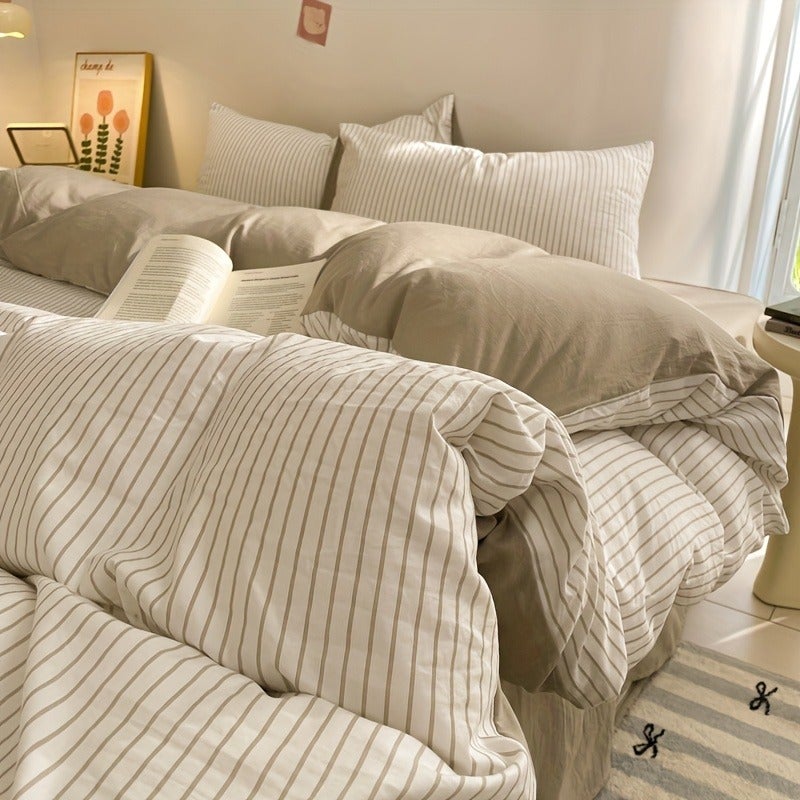 Modern Minimalist Coffee Brown Striped 4pcs Bedding (1 Duvet Cover + 1 Flat Sheet + 2 Pillowcases) - Washed Process, High Weight 120g, Soft and Skin-Friendly, Machine Washable, All-Season Use (Excludes Comforter and Pillow Inserts) - Image 1