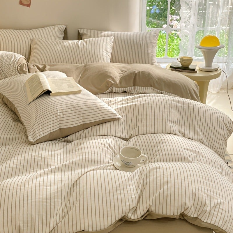 Modern Minimalist Coffee Brown Striped 4pcs Bedding (1 Duvet Cover + 1 Flat Sheet + 2 Pillowcases) - Washed Process, High Weight 120g, Soft and Skin-Friendly, Machine Washable, All-Season Use (Excludes Comforter and Pillow Inserts) - Image 3