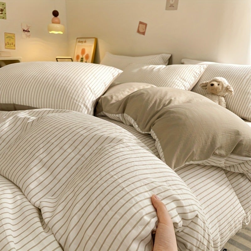 Modern Minimalist Coffee Brown Striped 4pcs Bedding (1 Duvet Cover + 1 Flat Sheet + 2 Pillowcases) - Washed Process, High Weight 120g, Soft and Skin-Friendly, Machine Washable, All-Season Use (Excludes Comforter and Pillow Inserts) - Image 4