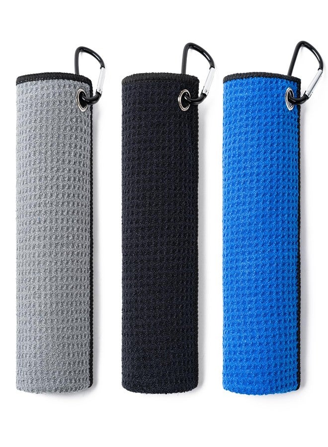Husfunov 3 Pack Golf Towels(16" X 16") with Carabiner Clip,Microfiber Fabric Waffle Pattern Towels for Golf Bags,Tri-Fold Portable Towels for Men Women,Blue/Black/Gray - Image 1