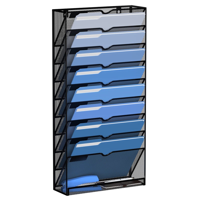 DALTACK Wall File Holder 10 Tier Hanging Wall File Organizer, for Papers Mails Folders Clipboard Magazine Organization, for Office Home, Mesh Metal, Black - Image 1