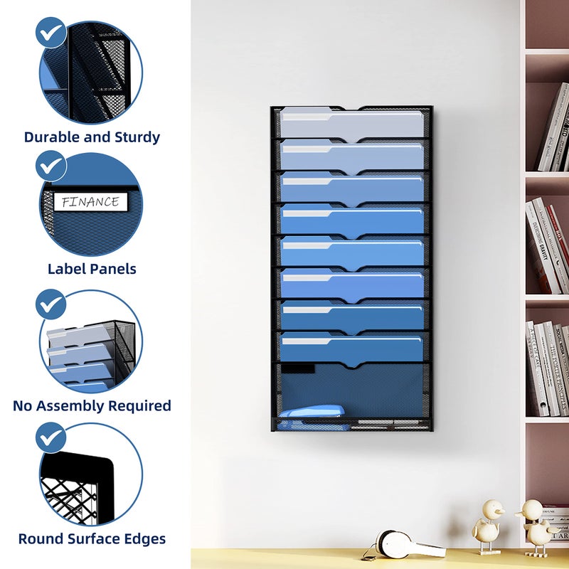 DALTACK Wall File Holder 10 Tier Hanging Wall File Organizer, for Papers Mails Folders Clipboard Magazine Organization, for Office Home, Mesh Metal, Black - Image 3