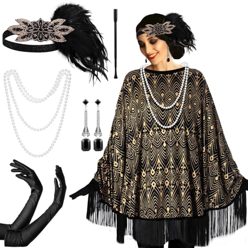 Floraltop 6 Pcs 1920s Flapper Costume Accessories Set for Women Fringed Poncho Flapper Shawl Outfits(Black,Fashion) - Image 1