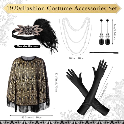 Floraltop 6 Pcs 1920s Flapper Costume Accessories Set for Women Fringed Poncho Flapper Shawl Outfits(Black,Fashion) - Image 2