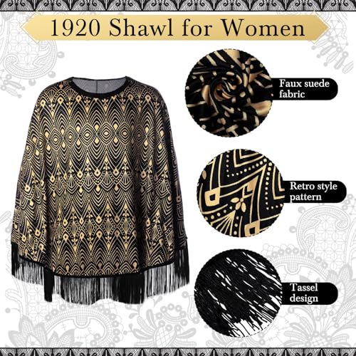 Floraltop 6 Pcs 1920s Flapper Costume Accessories Set for Women Fringed Poncho Flapper Shawl Outfits(Black,Fashion) - Image 3