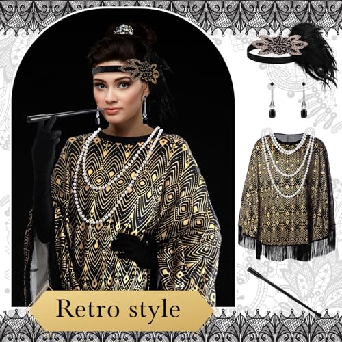 Floraltop 6 Pcs 1920s Flapper Costume Accessories Set for Women Fringed Poncho Flapper Shawl Outfits(Black,Fashion) - Image 4