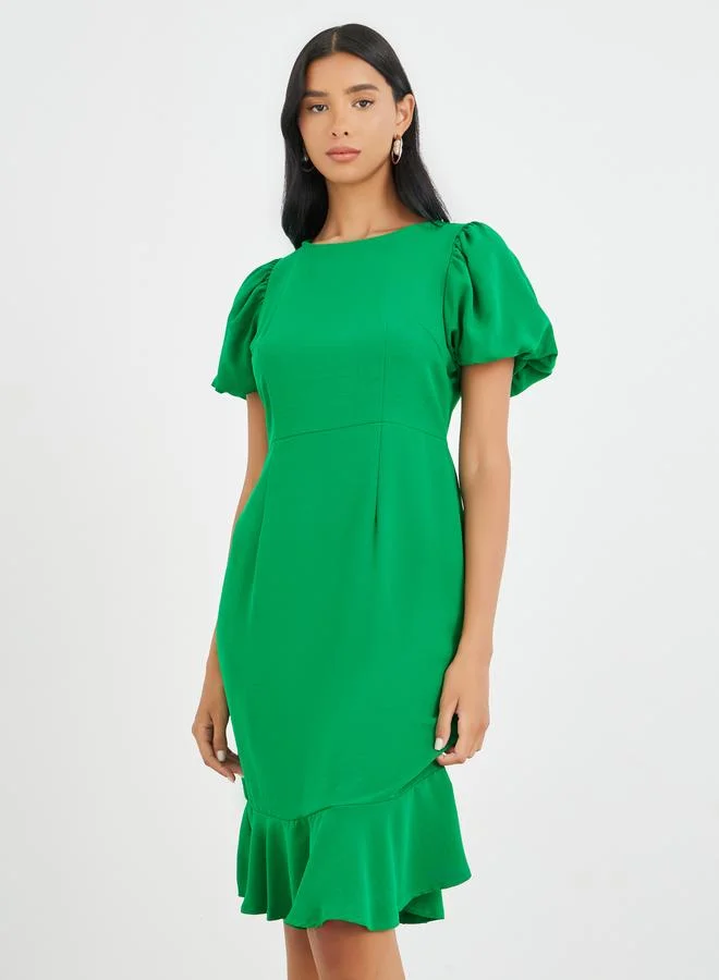 Take Two Take Two Solid Puff Sleeve Ruffle Hem Knee Length Dress