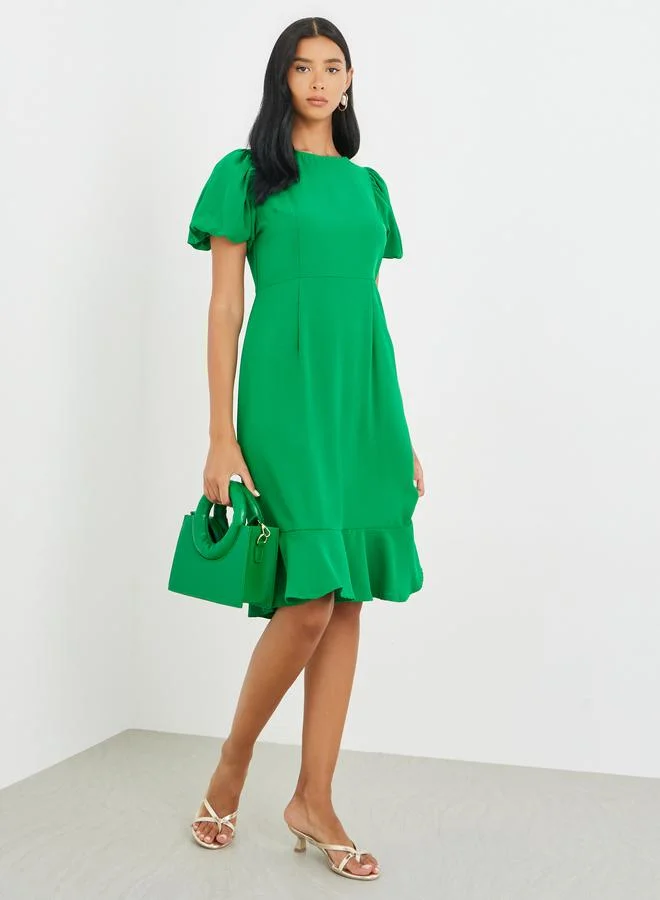 تايك تو Take Two Solid Puff Sleeve Ruffle Hem Knee Length Dress