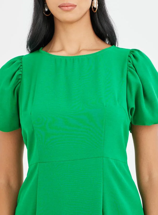 Take Two Take Two Solid Puff Sleeve Ruffle Hem Knee Length Dress