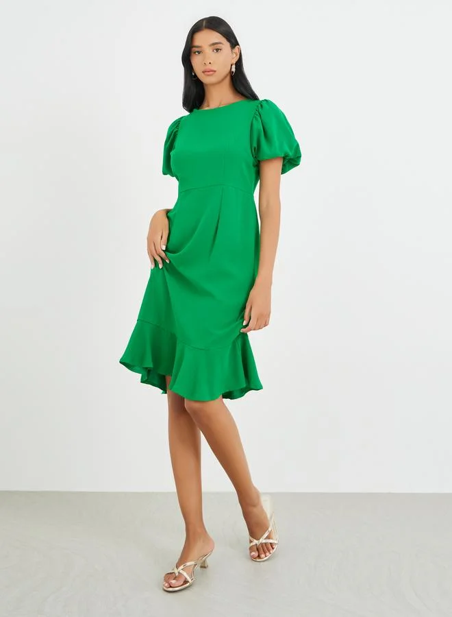 تايك تو Take Two Solid Puff Sleeve Ruffle Hem Knee Length Dress