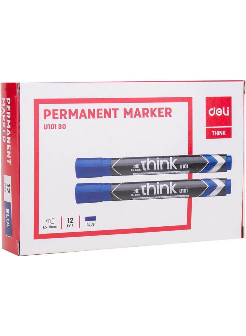 ديلي قلم تحديد دائم Deli EU10130 أزرق، علبة من 12 قلمًا، رأس كتابة طويل الأمد - Image 2