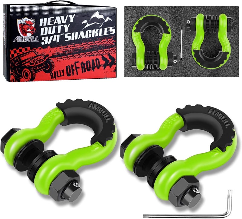 AMBULL Shackles 3/4" D Ring Shackle (2 Pack) 45,000lb Break Strength with 7/8" Pin, Anti Theft Security Screws, Isolator & Washer Kits for Use with Tow Strap Winch Truck Vehicle Recovery, Green - Image 1
