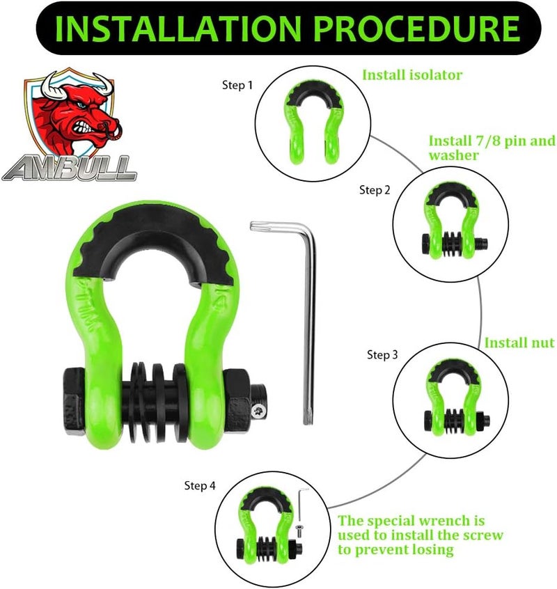 AMBULL Shackles 3/4" D Ring Shackle (2 Pack) 45,000lb Break Strength with 7/8" Pin, Anti Theft Security Screws, Isolator & Washer Kits for Use with Tow Strap Winch Truck Vehicle Recovery, Green - Image 4